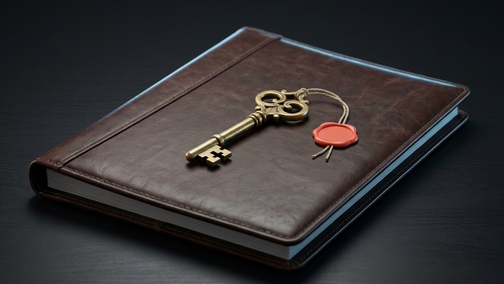 A single brass key resting on a closing binder of documents on a dark wood table