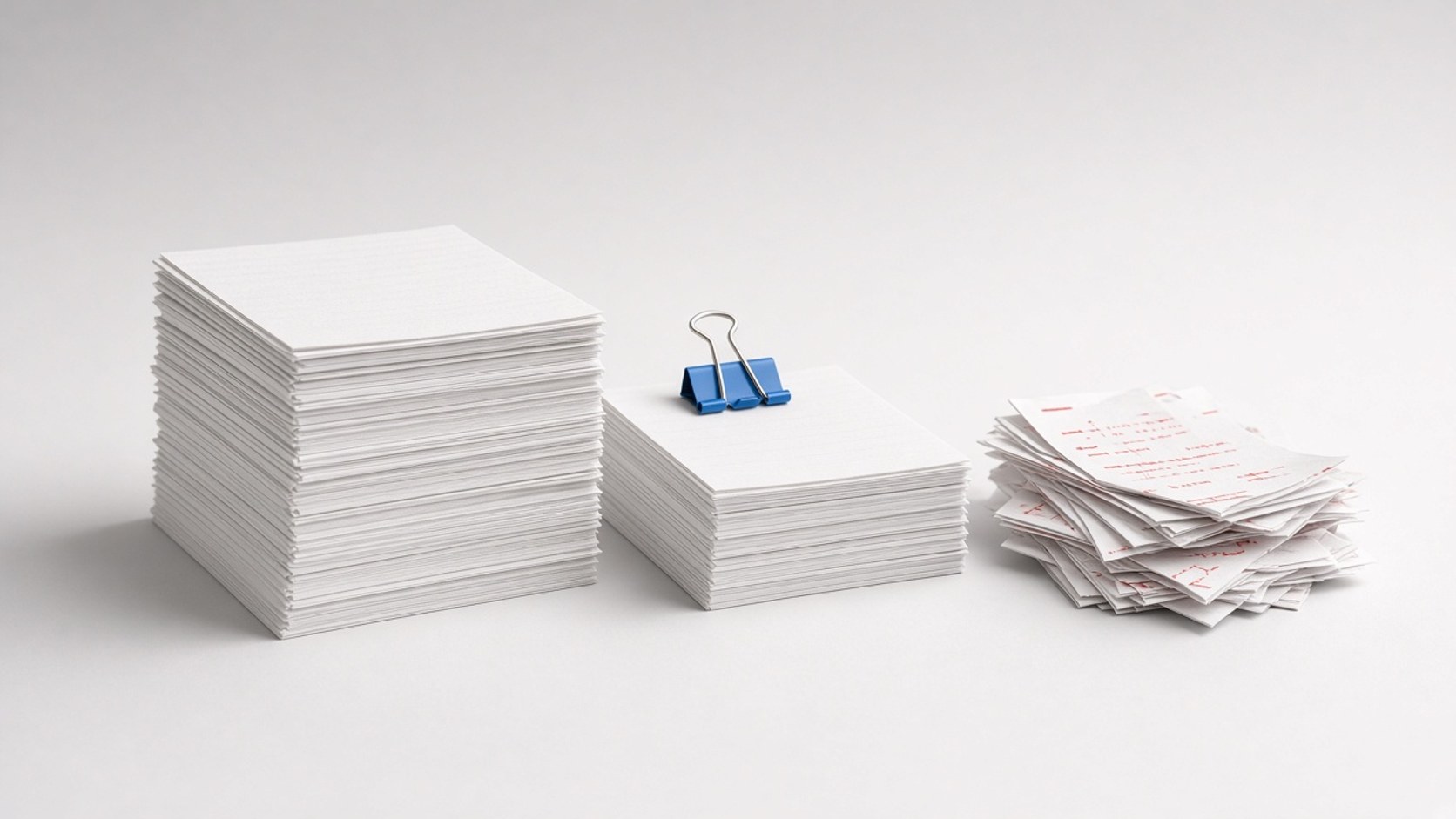 Two stacks of blank receipts beside a messy pile of red-marked rework sheets
