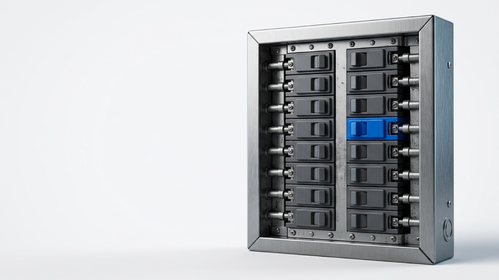A wall-mounted circuit breaker panel with rows of gray toggle breakers and one breaker enameled in AI blue