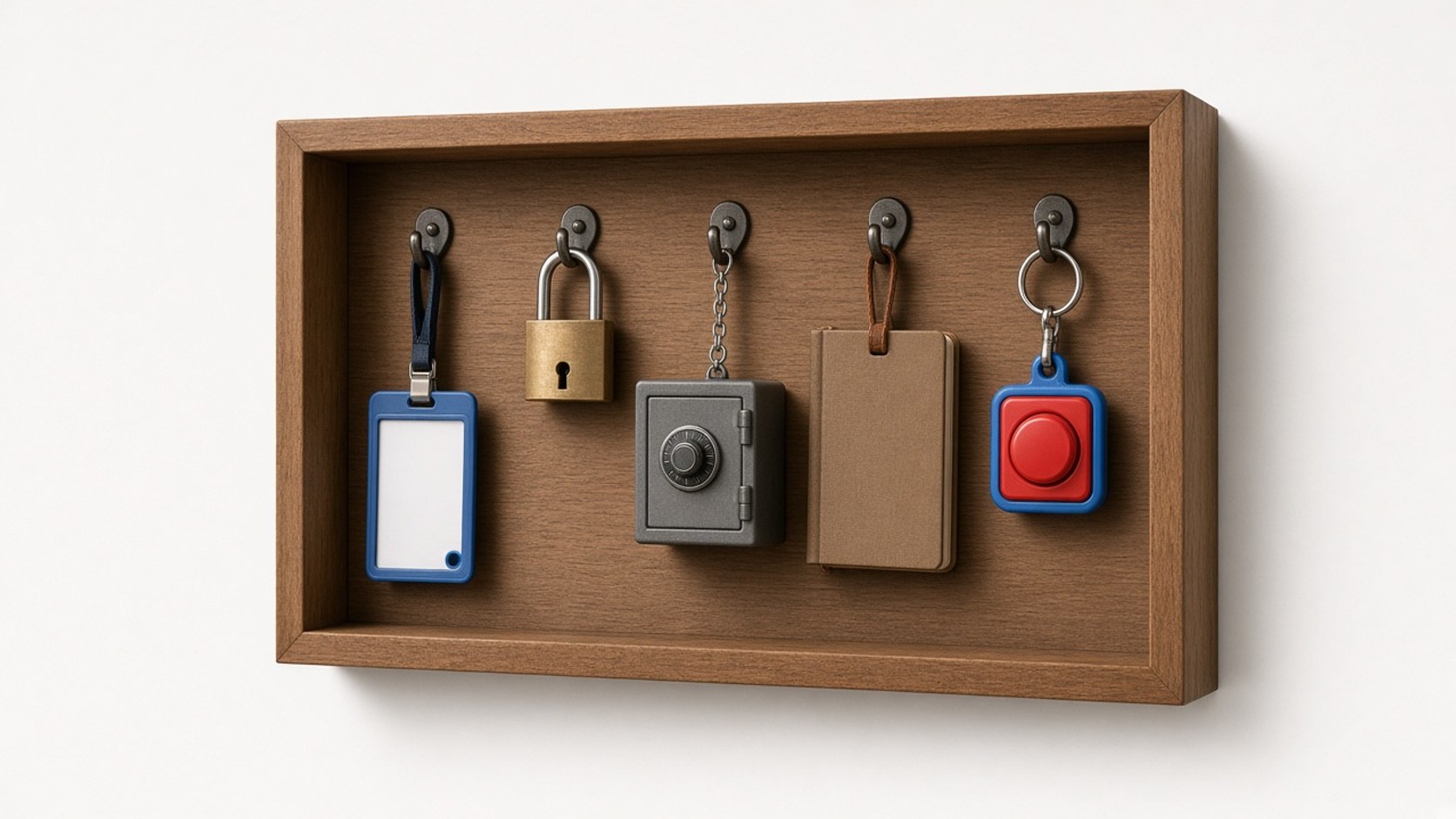 A wall key cabinet holding a badge, padlock, safe, logbook, and stop button