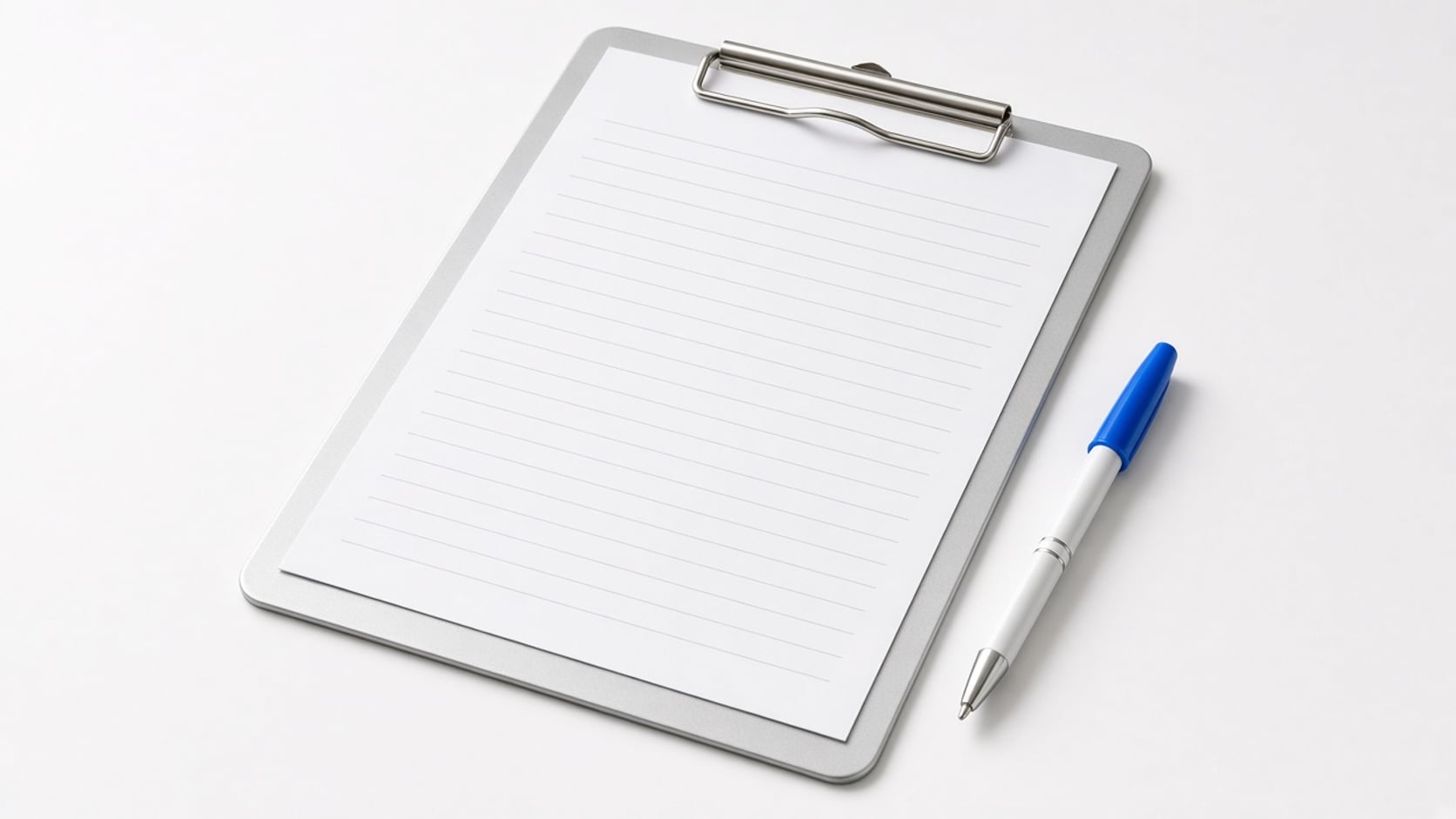 A blank aluminum clipboard with empty ruled rows and a pen with a blue cap on a paper-white studio sweep