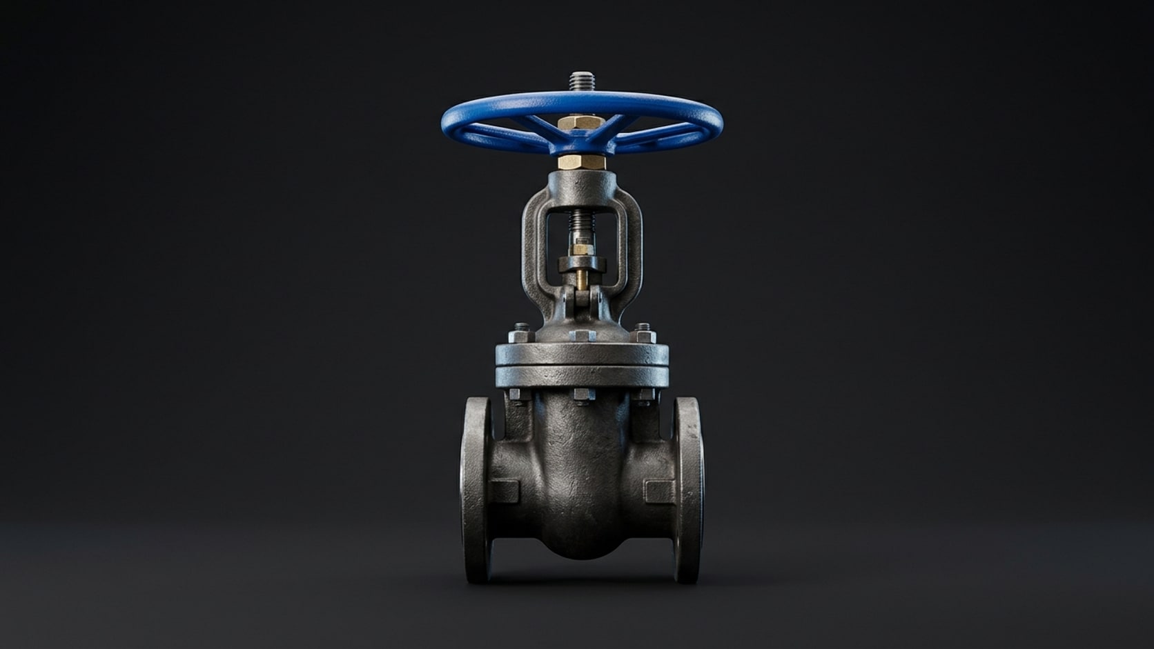 A heavy steel gate valve with a vivid blue handwheel on a graphite studio sweep